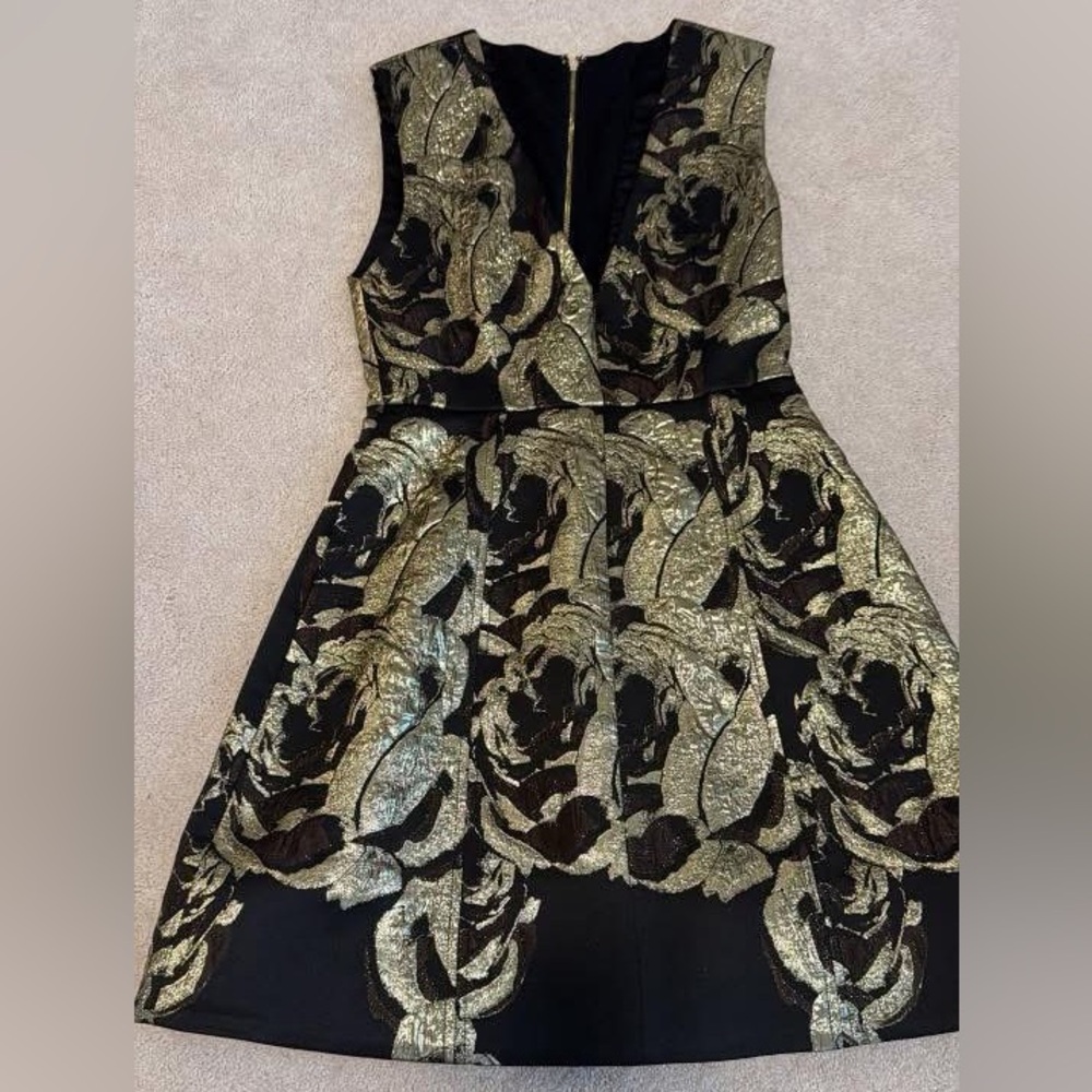 Alice + Olivia Black and Gold Metallic Jacquard Mini Dress